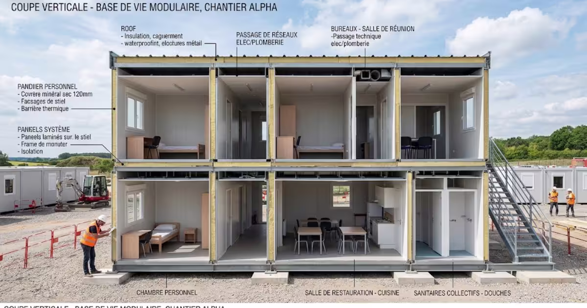 Base de vie modulaire installée sur un chantier BTP