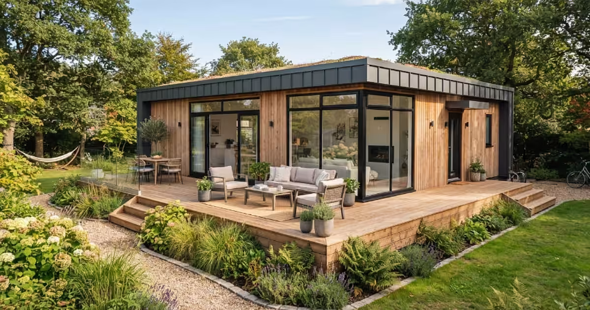 Bungalow préfabriqué modulaire aménagé en bureau de jardin