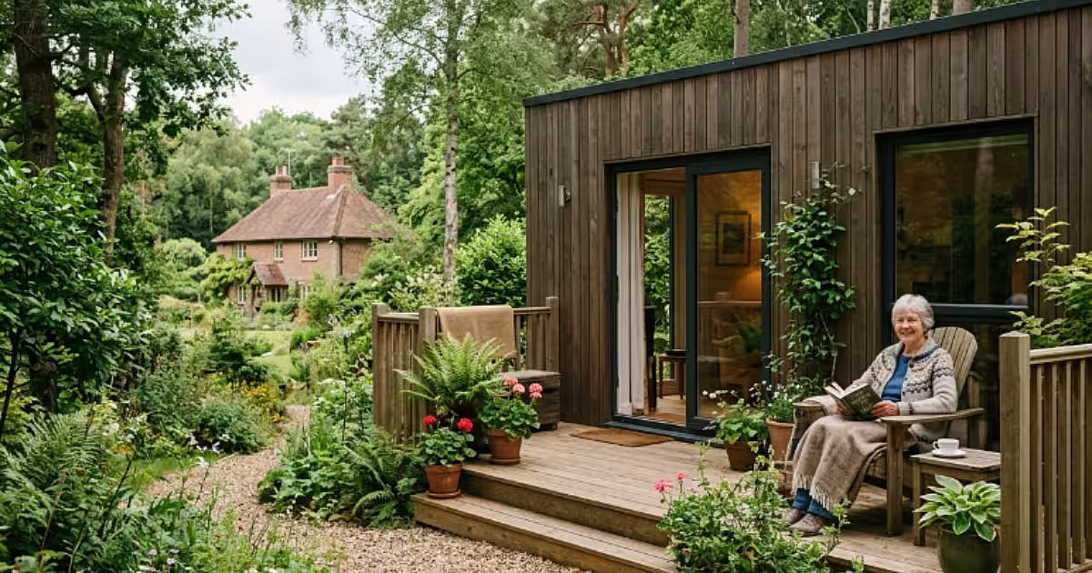 Bungalow modulaire senior en panneaux sandwich au fond d'un jardin