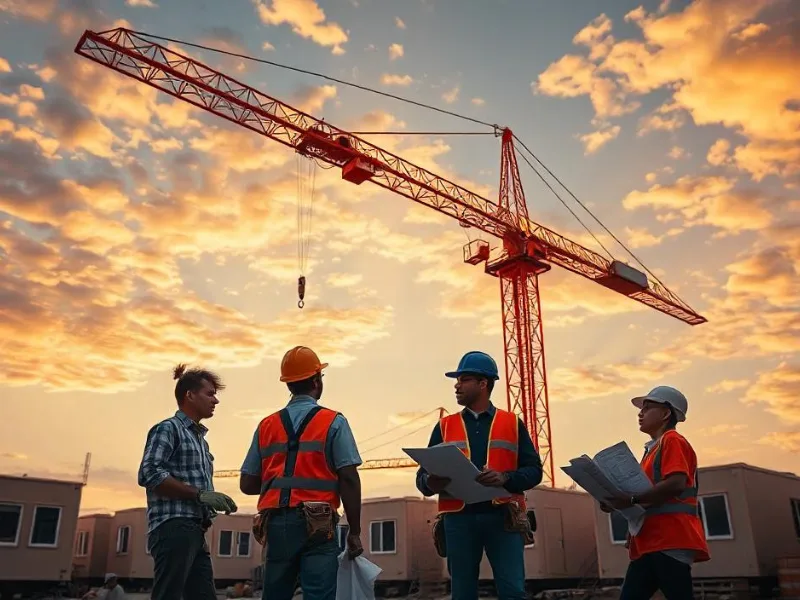 Équipe de chantier échangeant devant une grue et des modules préfabriqués