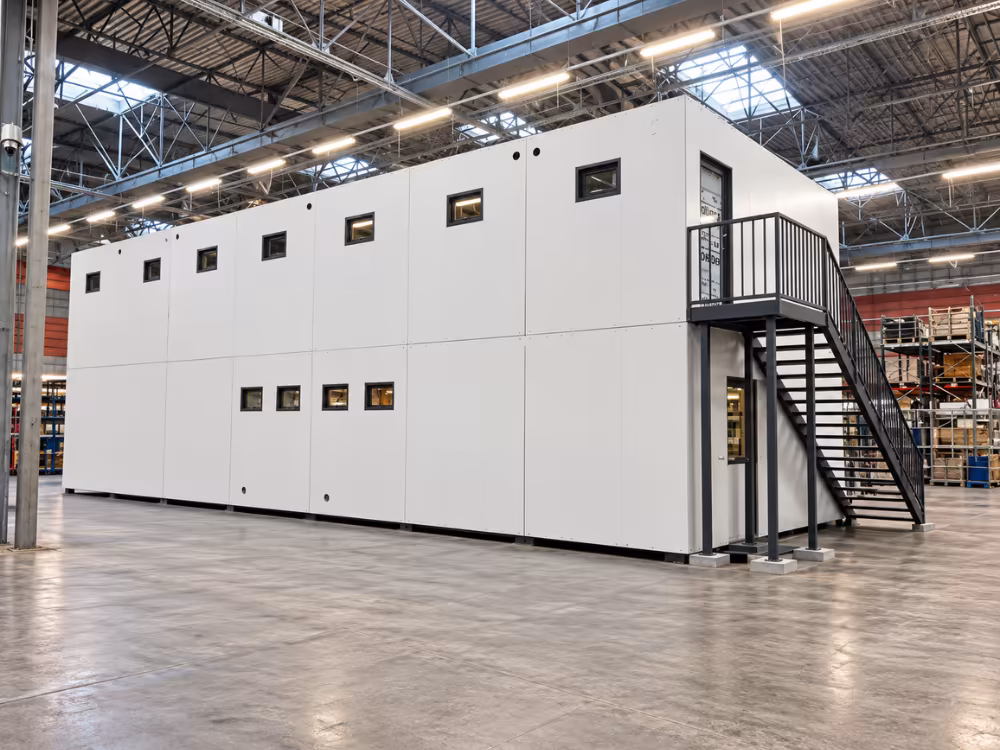 Bâtiment modulaire R+1 NordPlast — façade et escalier extérieur