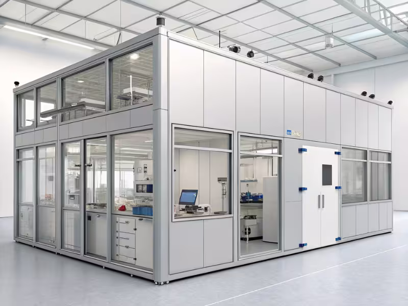 Laboratoire préfabriqué, intérieur avec paillasse